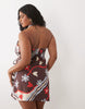 Curve cotton linen halter neck wrap mini sundress in burgundy scarf print
