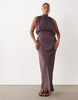 Curve halter neck blouson satin maxi dress in chocolate
