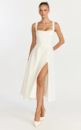 Bernie Midi Dress - Square Neck Strapped Full Circle Skirt Dress in White