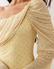 printed off the shoulder draped neck long sleeve maxi dress in lemon polka dot