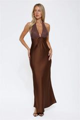 Wardrobe Defined Halter Satin Maxi Dress Brown
