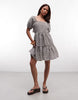 Noisy May Petite tiered seersucker mini dress with open tie back in chocolate gingham