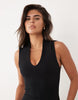 plunge front grown-on neck mini dress in black