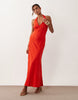 broderie halter midi dress in red