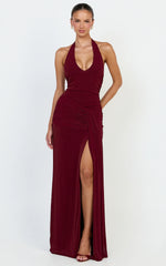 Coraline Maxi Dress - Plunge Neckline Lurex Mesh Halter Dress in Wine