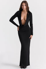 black draped maxi dress