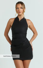 Felicity Mini Dress - Poplin Cowl Halter Gathered Dress in Black