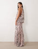 halter neck slouchy dropped waist godet maxi dress in abstract zebra