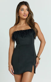 Rhaiza Mini Dress - Faux Feather Trim Strapless Dress in Black