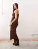 Miss Selfridge lace and ruffle detail midi dress in chocolate