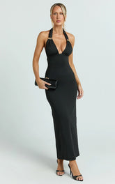 Chloe Midi Dress - Halter Neck Hardware Detail Dress in Black