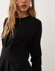 nipped in waist long sleeve mini dress in black
