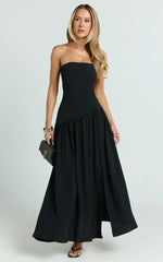 Nadiane Midi Dress - Strapless Asymmetric Drop Waist Dress in Black