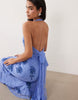 embroidered lace halterneck maxi dress with tie back in blue