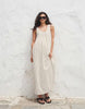 poplin scoop ruched neck maxi sundress in black and cream striped print