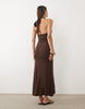 halter open back midi dress with twisted neck detail in chocolate