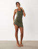 Lioness Moonlight linen rich asymmetric halterneck draped mini dress in khaki