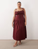 Curve structured cotton sateen tie bust dropped waist midaxi sundress in burgundy