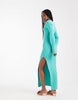 Kaiia exclusive rib knit plunge v-neck flared sleeves thigh slit maxi dress in turquoise