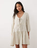 Esmée linen mix long sleeve tiered mini tie front beach dress in oat