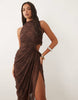 lace maxi dress with ruched cut out detail in chocolate