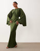 textured batwing bias waisted maxi dress in khaki