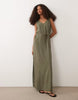 JDY tie waist linen blend maxi dress in khaki