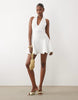plunge neck structured full skirted mini dress in ivory scuba-style fabric