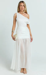 Mackenzie Midi Dress - Tipped Shoulder Drop Waist Full Gathered Skirt Dress in White