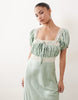 Hope & Ivy Petite satin square neck lace detail puff sleeve maxi dress in green jacquard
