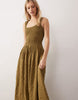 crinkle scoop neck midaxi sundress with shirred waist in tonal olive gingham