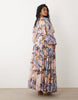 Curve long sleeve blouson maxi dress with gauged ruched waist detail in romantic floral print