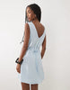 linen blend v neck halter mini dress in light blue