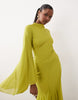 long sleeve high neck maxi dress with ruffle godets and flute sleeves in olive green