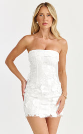 Wren Mini Dress - Strapless Bodycon Garden Flowers Dress in White