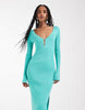 Kaiia exclusive rib knit plunge v-neck flared sleeves thigh slit maxi dress in turquoise