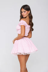 Candlelit Lovers Off Shoulder Gingham Crop Top Blush