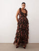 Lace & Beads Plus Bridesmaid Ophelia bow shoulders tulle maxi dress in black floral print
