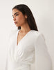 TFNC slinky v neck shoulder pad drape detail mini dress in white