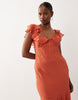 frill sleeve maxi dress with fishtail hem in terracotta
