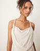 linen mix twist shoulder detail midi dress with ruching in oat
