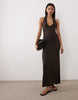tie back halter midi dress in chocolate