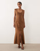 square neck button down midi sundress in warm chocolate