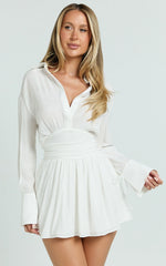 Valerie Mini Dress - Collared Long Sleeve Waist Shirt Dress in White