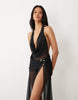 Oh Polly mesh plunge cowl halterneck thigh slit beach maxi dress in black