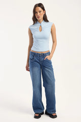 Rusty Monroe Keyhole Jersey Top Sky Blue
