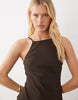 chiffon sleeveless midaxi dress with godet hem in chocolate brown