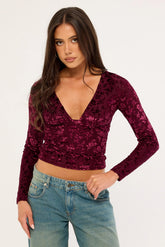 Luck & Trouble Bridie Flocked Long Sleeve V Neck Top Burgundy