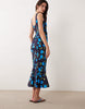 scoop neck fishtail godet midi sundress in black floral print