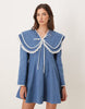 Sister Jane pure cotton oversized collar mini dress with bow in blue denim